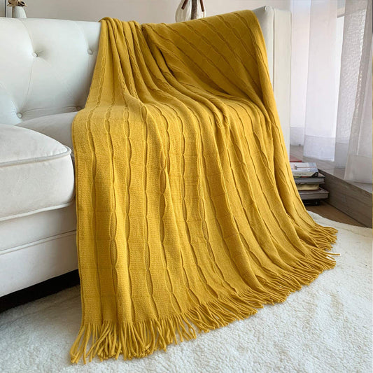 SOGA 2X Mustard Textured Knitted Throw Blanket Warm Cozy Woven Cover Couch Bed Sofa Home Decor with Tassels