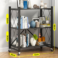 SOGA 3 Tier Steel Black Foldable Kitchen Cart Multi-Functional Shelves Storage Organizer with Wheels