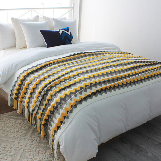 SOGA 220cm Yellow Zigzag Striped Throw Blanket Acrylic Wave Knitted Fringed Woven Cover Couch Bed Sofa Home Decor