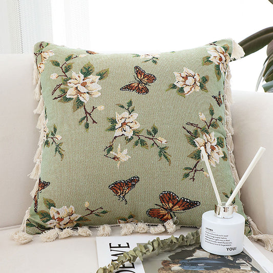 SOGA 45cm Matcha Green French Vintage Butterfly Loves Flowers Tassel Throw pillow