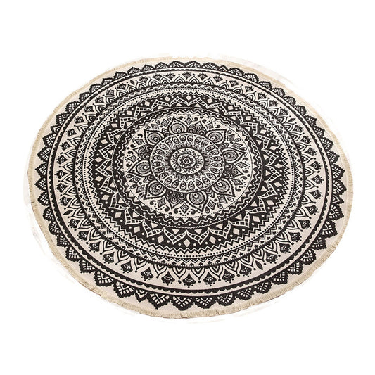 SOGA Black Carpet Soft Linen Bohemian Non-Slip Floor Retro Minimalist Round Rug Home Decor with Tassels