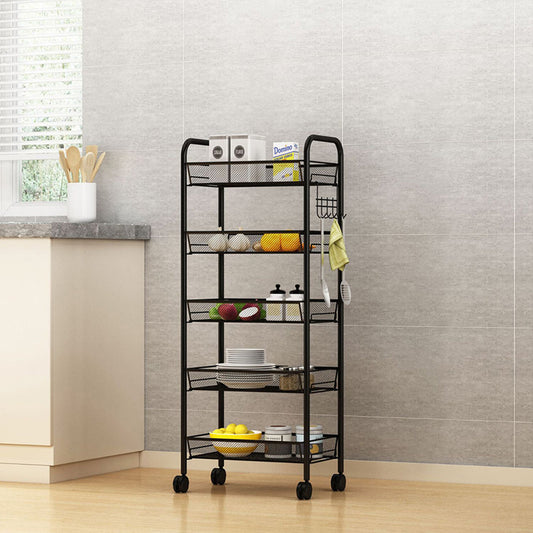 SOGA 5 Tier Steel Black Bee Mesh Kitchen Cart Multi-Functional Shelves Storage Organizer with Wheels