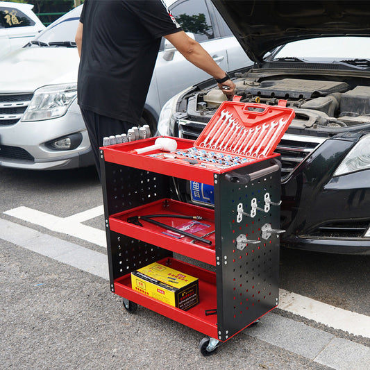 SOGA 2X 3 Tier Tool Storage Cart Portable Service Utility Heavy Duty Mobile Trolley with Hooks Red