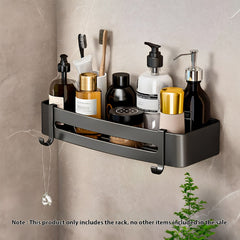 SOGA Black Wall-Mounted Rectangular Bathroom Storage Organiser Space Saving Adhesive Shelf Rack with Hooks