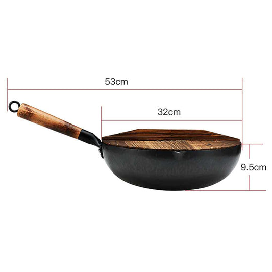 SOGA Commercial Iron Wok with Wooden Handle and Lid 32cm Non-Stick Fry Pan FryPan