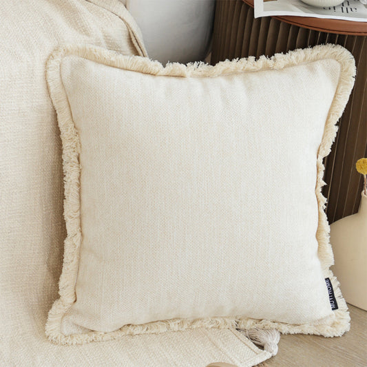 SOGA 45cm Throw Pillow White Chenille Textured with Tassels Stylish Square Cozy Home Decor