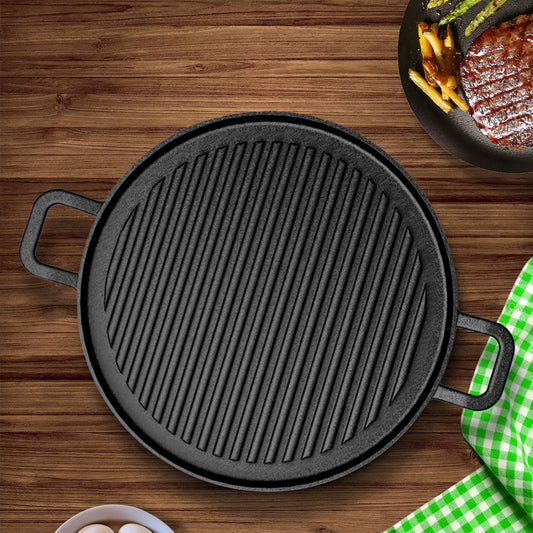 SOGA 2X 30cm Ribbed Cast Iron Frying Pan Skillet Steak Sizzle Platter