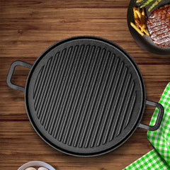 SOGA 2X 30cm Ribbed Cast Iron Frying Pan Skillet Steak Sizzle Platter