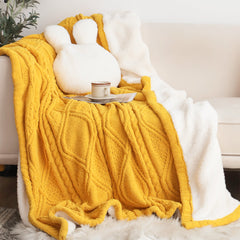 SOGA 200x230cm Throw Blanket Yellow and White Chenille Fleece Knitted Fabric on One Side Soft Suede