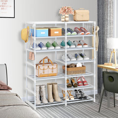 SOGA 12-Shelf Tier Shoe Storage Shelf Space-Saving Caddy Rack Organiser with Side Hooks White