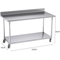 SOGA 150cm Commercial Catering Kitchen Stainless Steel Prep Work Bench Table with Backsplash and Caster Wheels