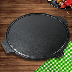 SOGA 2X 30CM Round Cast Iron Korean BBQ Grill Plate with Handles and Drip Lip