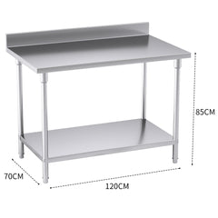 SOGA Commercial Catering Kitchen Stainless Steel Prep Work Bench Table with Back-splash 120*70*85cm