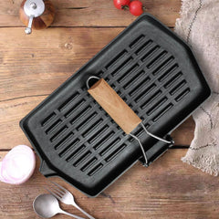 SOGA 2X Rectangular Cast Iron Griddle Grill Frying Pan with Folding Wooden Handle