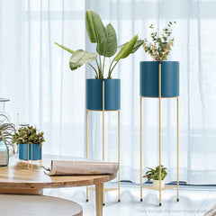 SOGA 2X 2 Layer 65cm Gold Metal Plant Stand with Blue Flower Pot Holder Corner Shelving Rack Indoor Display