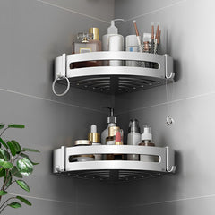 SOGA 2X Silver Wall-Mounted Triangular Bathroom Storage Corner Vanity Organiser Space Saving Adhesive Shelf Rack with Hooks