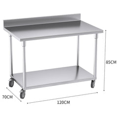 SOGA 120cm Commercial Catering Kitchen Stainless Steel Prep Work Bench Table with Backsplash and Caster Wheels