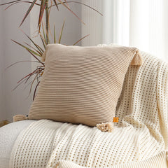 SOGA 45cm Khaki Wabi-Sabi Raised Pillow Cotton Striped Large Tassel Square Pillow Throw Pillow