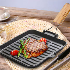 SOGA 2X 28cm Ribbed Cast Iron Square Steak Frying Grill Skillet Pan with Folding Wooden Handle