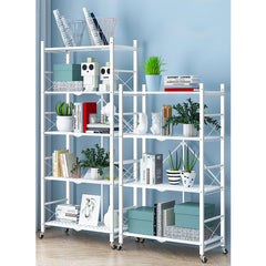 SOGA 2X 4 Tier Steel White Foldable Display Stand Multi-Functional Shelves Storage Organizer with Wheels