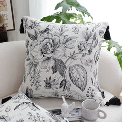 SOGA 50cm Throw Pillow  Black and White Elegant Floral Print with Tassel Accents Home Decor