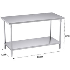 SOGA 2-Tier Commercial Catering Kitchen Stainless Steel Prep Work Bench Table 150*70*85cm