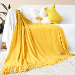 SOGA 2X Yellow Acrylic Knitted Throw Blanket Solid Fringed Warm Cozy Woven Cover Couch Bed Sofa Home Decor