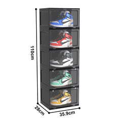 SOGA 5 Tier Black Portable Shoe Organiser Sneaker Footwear Folding Plastic Bin Stackable Storage Box with Magnetic Door