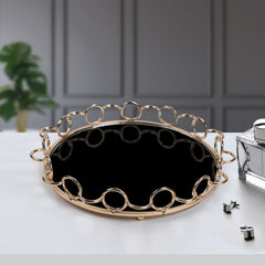 SOGA 38cm Black-Colored Round Mirror Glass Metal Tray Vanity Makeup Perfume Jewelry Organiser with Bronze Metal Frame Handles