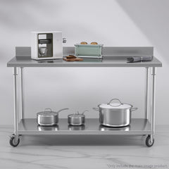 SOGA 150cm Commercial Catering Kitchen Stainless Steel Prep Work Bench Table with Backsplash and Caster Wheels