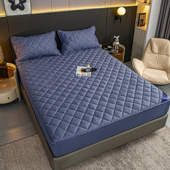 SOGA Blue 183cm Wide Cross-Hatch Mattress Cover Thick Quilted Stretchable Bed Spread Sheet Protector with Pillow Covers