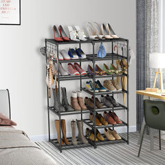 SOGA 12-Shelf Tier Shoe Storage Shelf Space-Saving Caddy Rack Organiser with Side Hooks Black