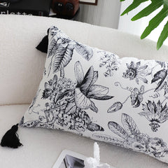 SOGA 35cm Throw Pillow  Black and White Floral Print Elegant with Tassel Accents Home Decor