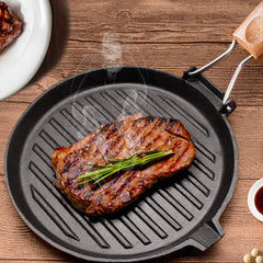 SOGA 24cm Round Ribbed Cast Iron Steak Frying Grill Skillet Pan with Folding Wooden Handle