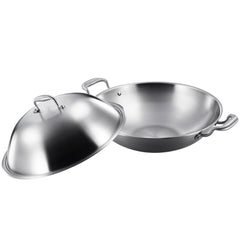 SOGA 3-Ply 38cm Stainless Steel Double Handle Wok Frying Fry Pan Skillet with Lid