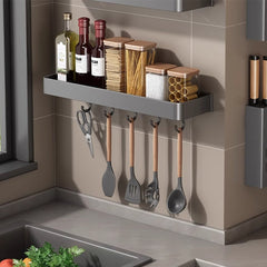 SOGA 32cm Black Wall-Mounted Rectangular Kitchen Spice Storage Organiser Space Saving Condiments Shelf Rack with Hooks