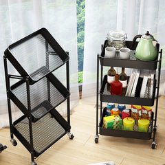 SOGA 3 Tier Steel Black Foldable Kitchen Cart Multi-Functional Shelves Storage Organizer with Wheels