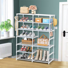 SOGA 2X 12-Shelf Tier Shoe Storage Shelf Space-Saving Caddy Rack Organiser with Side Hooks White