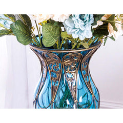 SOGA 85cm Green Glass Tall Floor Vase and 12pcs Blue Artificial Fake Flower Set