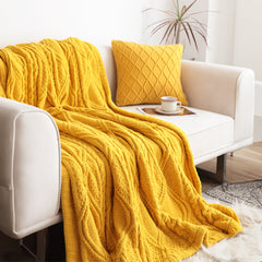 SOGA 2X 200x230cm Throw Blanket Yellow and White Chenille Fleece Knitted Fabric on One Side Soft Suede