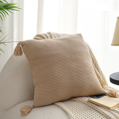 SOGA 45cm Khaki Wabi-Sabi Raised Pillow Cotton Striped Large Tassel Square Pillow Throw Pillow