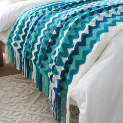 SOGA 170cm Blue Zigzag Striped Throw Blanket Acrylic Wave Knitted Fringed Woven Cover Couch Bed Sofa Home Decor