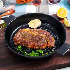 SOGA 26cm Round Ribbed Cast Iron Frying Pan Skillet Steak Sizzle Platter with Handle