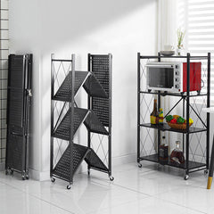 SOGA 2X 4 Tier Steel Black Foldable Kitchen Cart Multi-Functional Shelves Storage Organizer with Wheels