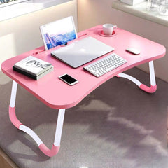 SOGA Pink Portable Bed Table Adjustable Folding Mini Desk Notebook Stand Card Slot Holder with Cup-Holder Home Decor