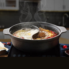 SOGA 2X 32CM Round Cast Iron Shabu Shabu Hotpot Beef Chicken Stew Wok Two-Flavor Division