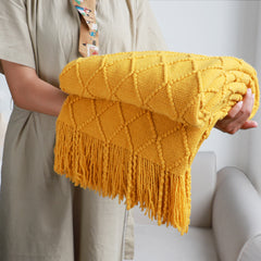 SOGA Yellow Diamond Pattern Knitted Throw Blanket Warm Cozy Woven Cover Couch Bed Sofa Home Decor with Tassels