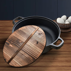 SOGA 33cm Round Cast Iron Pre-seasoned Deep Baking Pizza Frying Pan Skillet with Wooden Lid