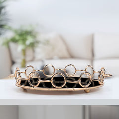 SOGA 38cm Black-Colored Round Mirror Glass Metal Tray Vanity Makeup Perfume Jewelry Organiser with Bronze Metal Frame Handles