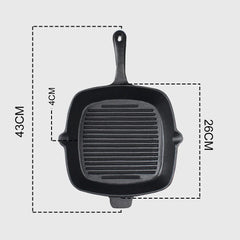 SOGA 26cm Square Ribbed Cast Iron Frying Pan SkilletSteak Sizzle Platter with Handle